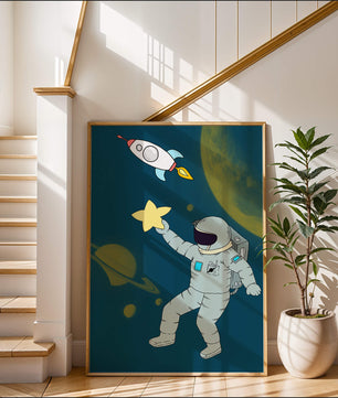 Astronaut Reaching for Star with Rocket and Planets in Space Scene - Mi tienda