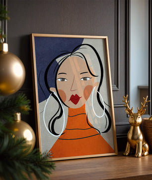 Colorful abstract portrait featuring a woman with red lips and hoop earrings on textured background - Mi tienda