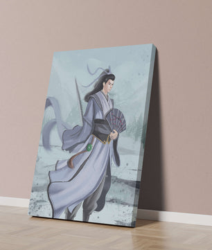 Guerrier élégant en tenue traditionnelle avec robes flottantes et éventail