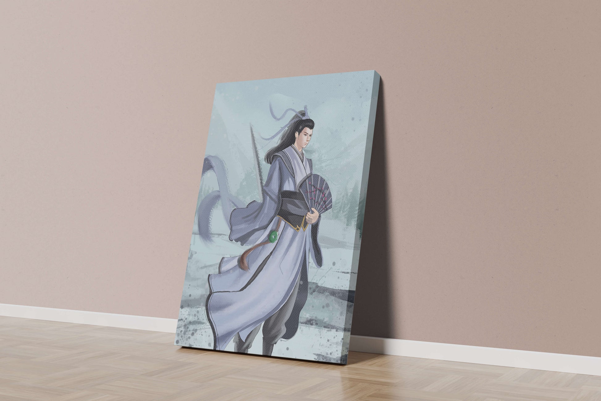 Elegant warrior in traditional attire with flowing robes and fan