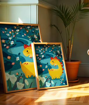 Golden Dinosaur in Enchanted Floral Forest
