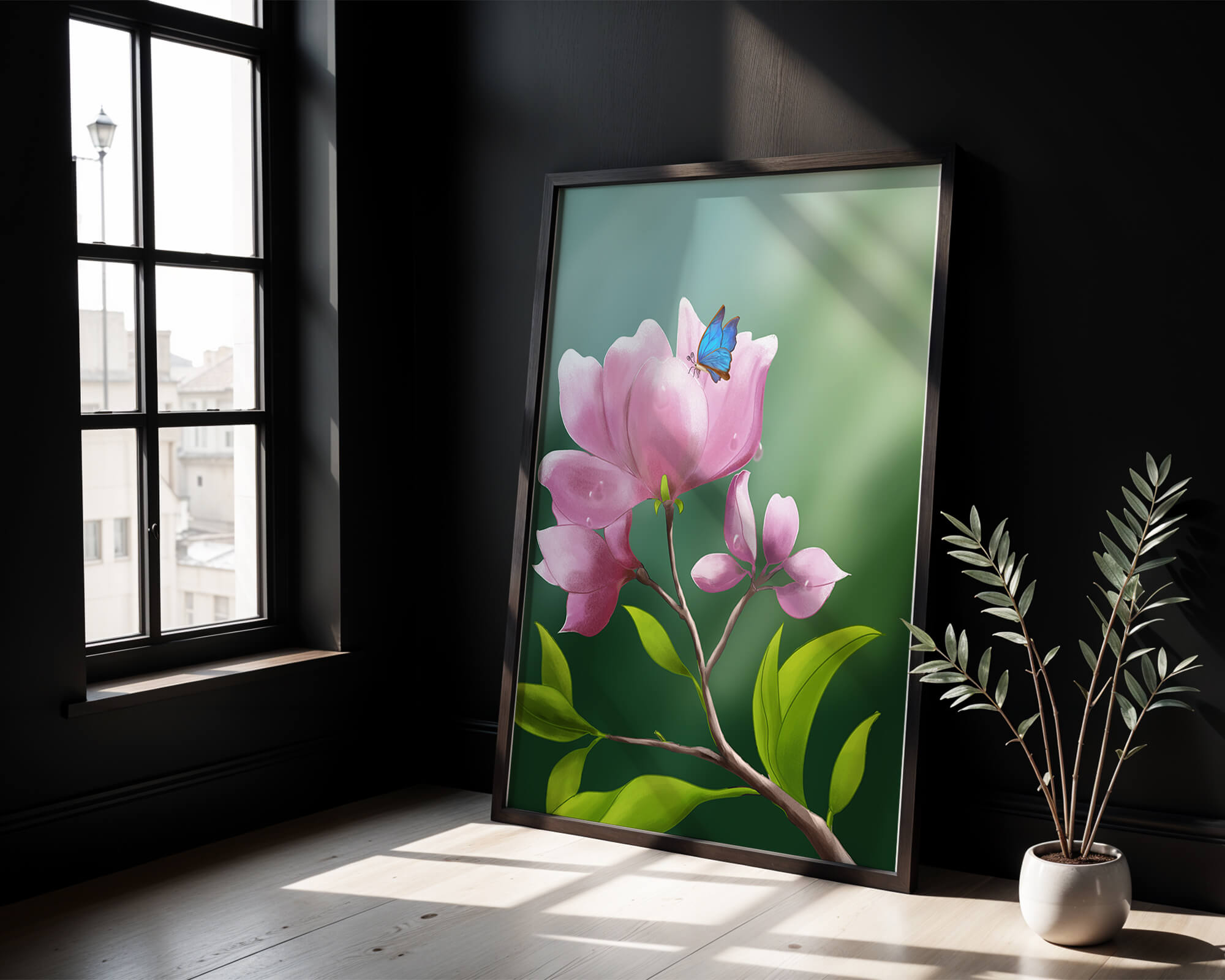 Delicate pink flower with a vibrant blue butterfly in a serene garden setting