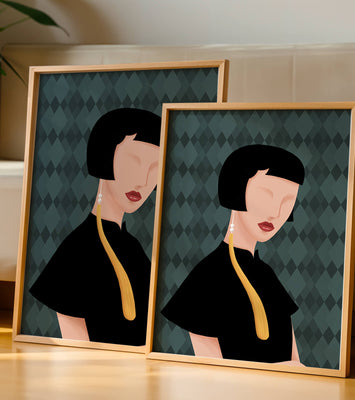 Elegant woman with short hair and golden earring on patterned background