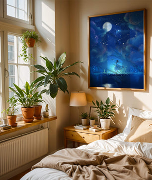 Cielo nocturno soñador con figura danzante y luz de luna brillante
