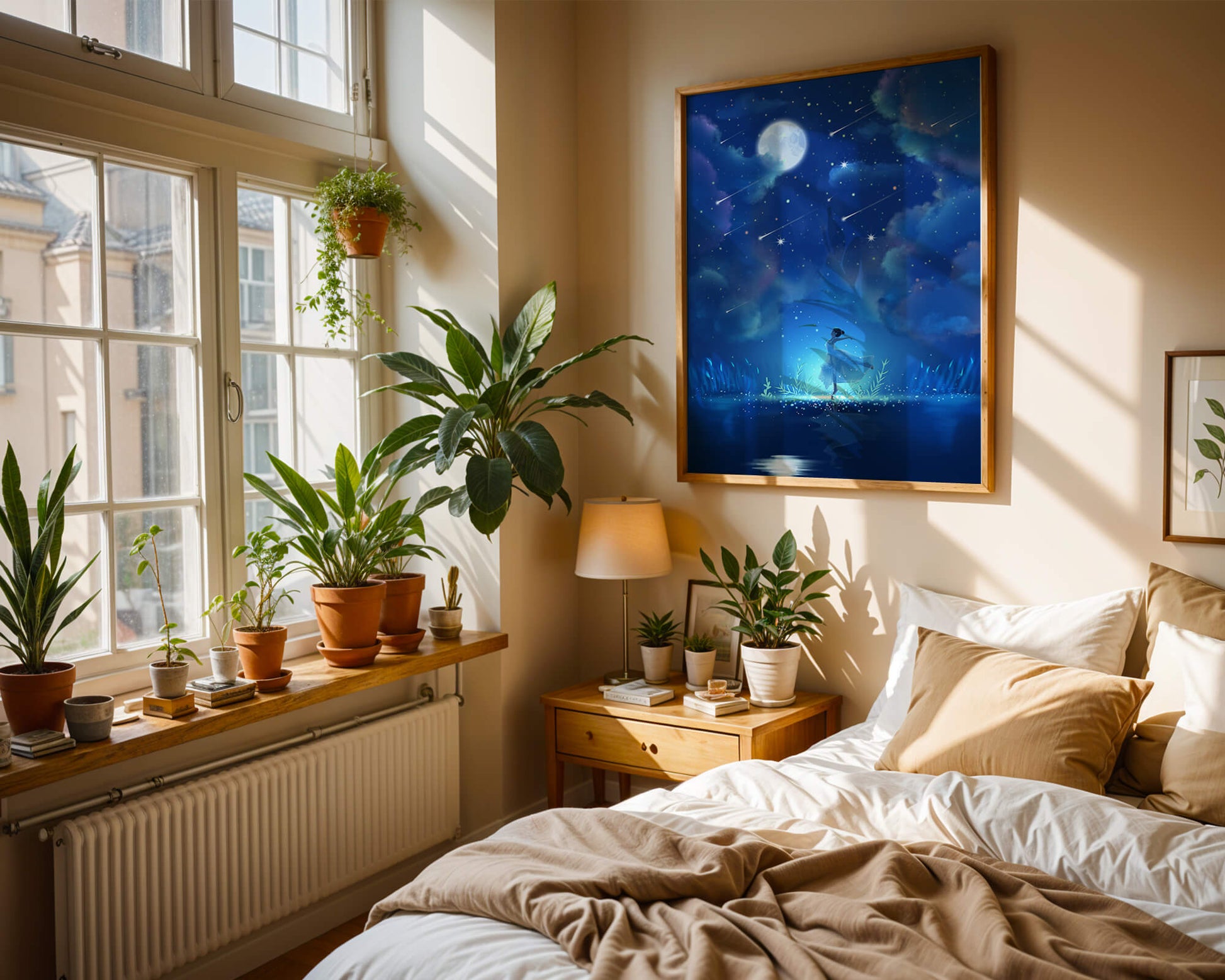 Cielo nocturno soñador con figura danzante y luz de luna brillante