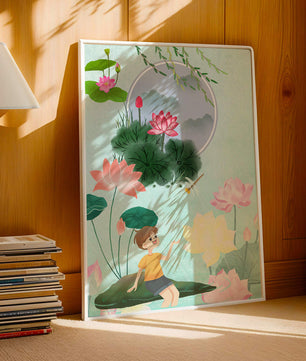 Serene illustration of a child in a lotus garden with vibrant flora