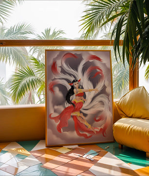 Graceful fantasy fox spirit with flowing tails and red attire in mystical clouds