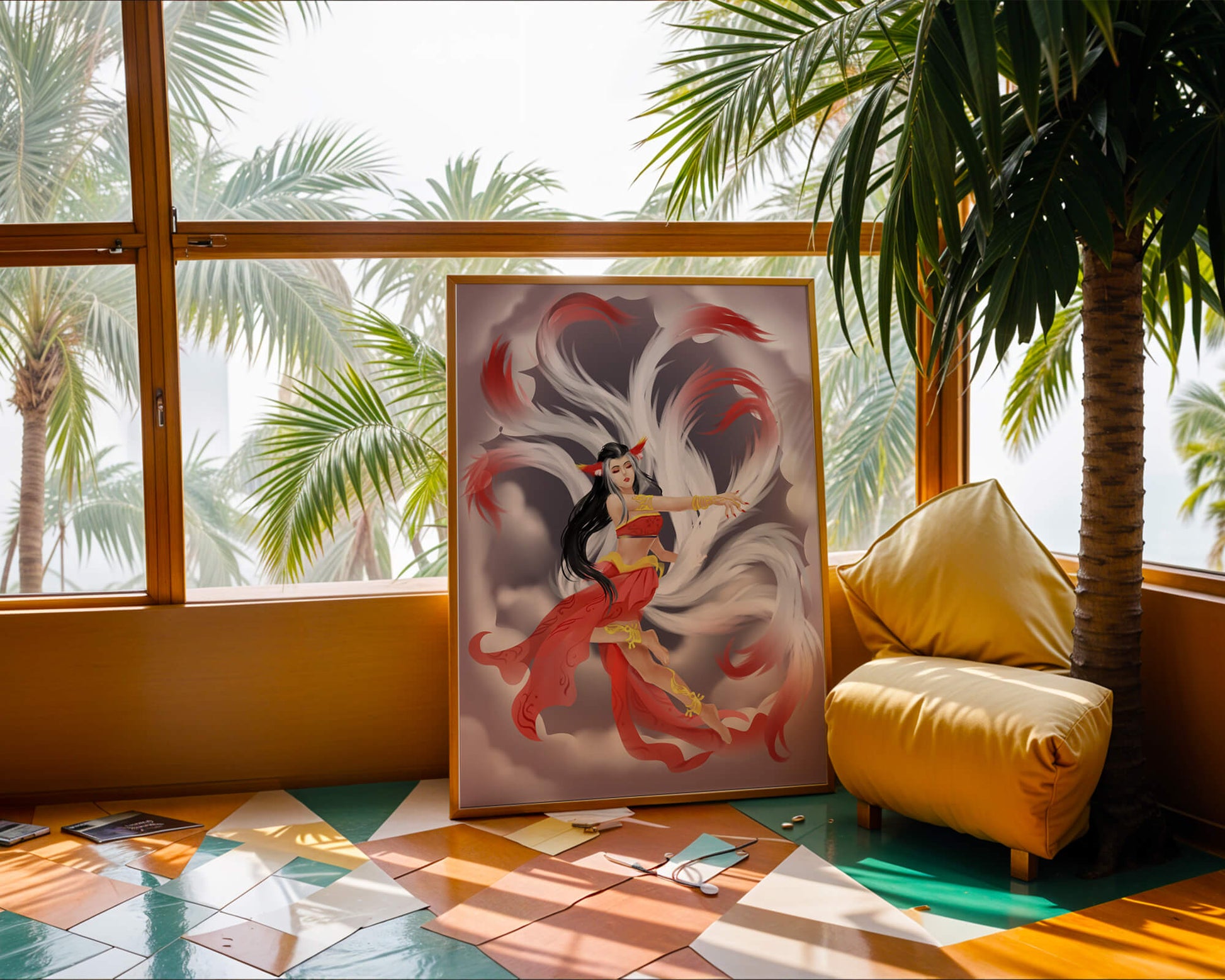 Graceful fantasy fox spirit with flowing tails and red attire in mystical clouds