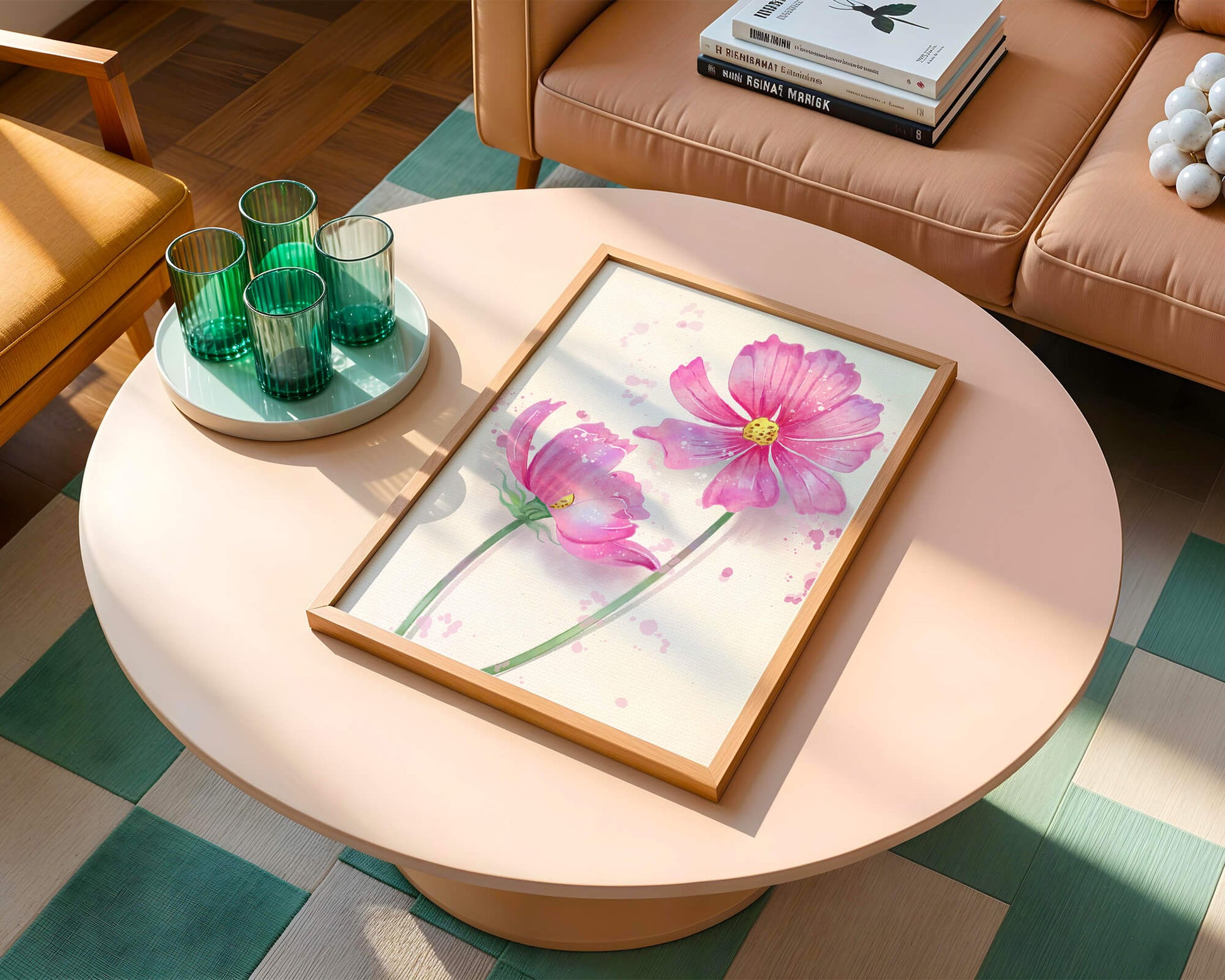 Flores delicadas en acuarela rosada con salpicaduras artísticas en lienzo