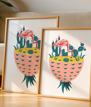 Flamingo with Cacti in Pineapple Vase Illustration