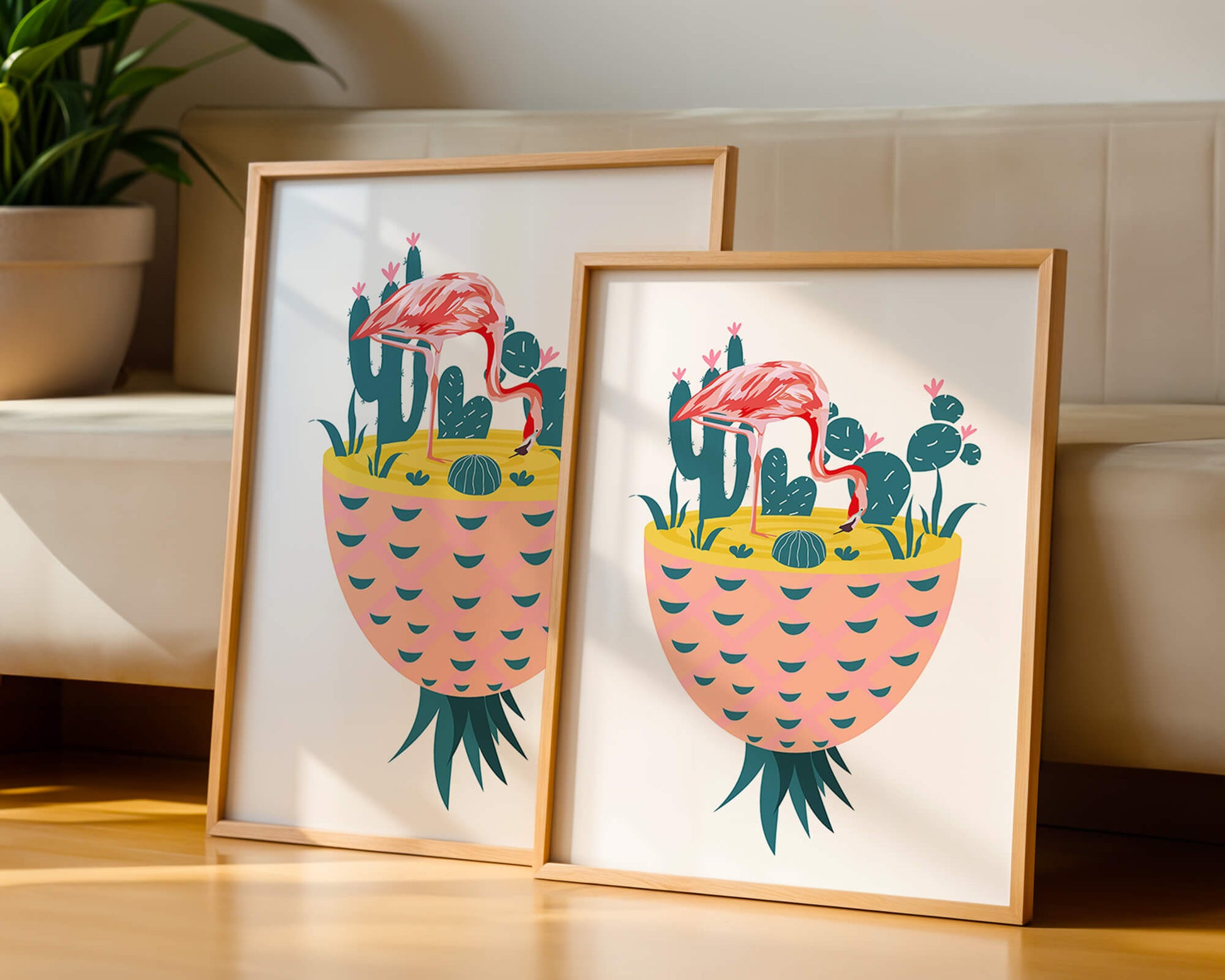 Ilustración de flamenco con cactus en jarrón de piña