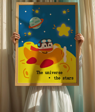 Colorful cartoon airplane with stars and planets in space