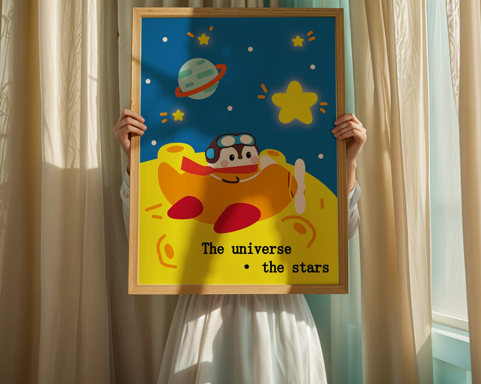 Colorful cartoon airplane with stars and planets in space
