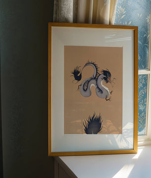 Illustration of a mystical dragon with fluid form on a beige background