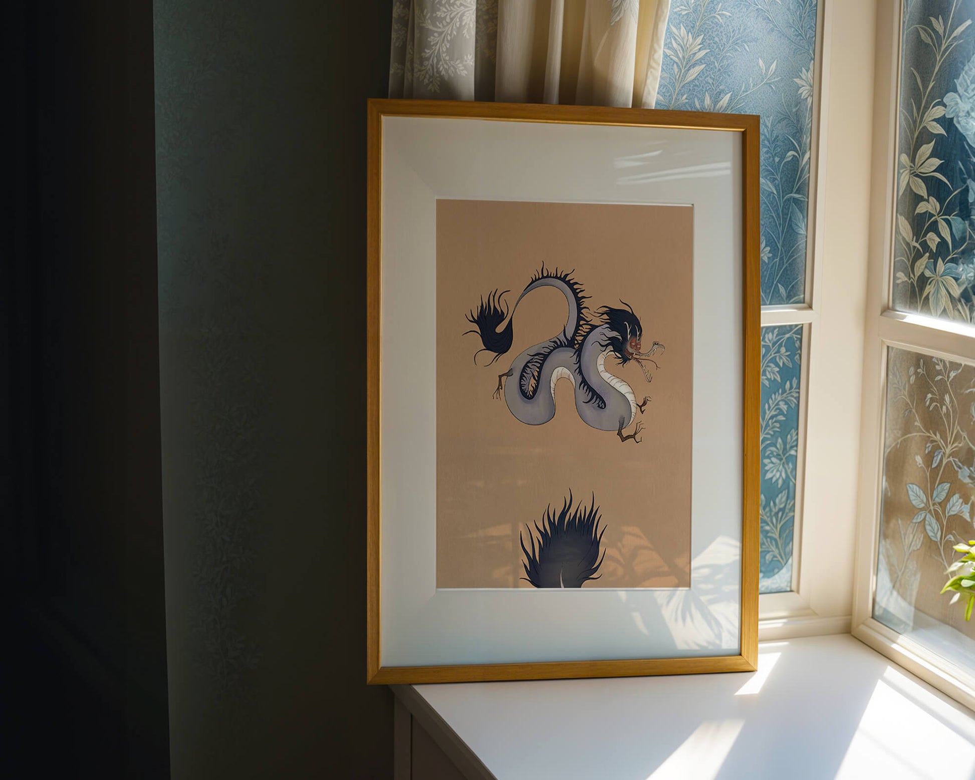 Illustration of a mystical dragon with fluid form on a beige background