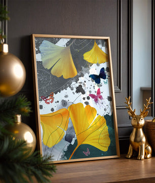 Artistic Composition with Yellow Leaves and Butterflies