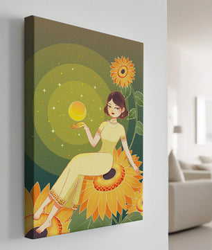 Elegant illustration of a woman on sunflowers with glowing orb