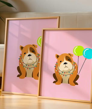 Perro de dibujos animados adorable con luces festivas y globos coloridos sobre fondo rosa