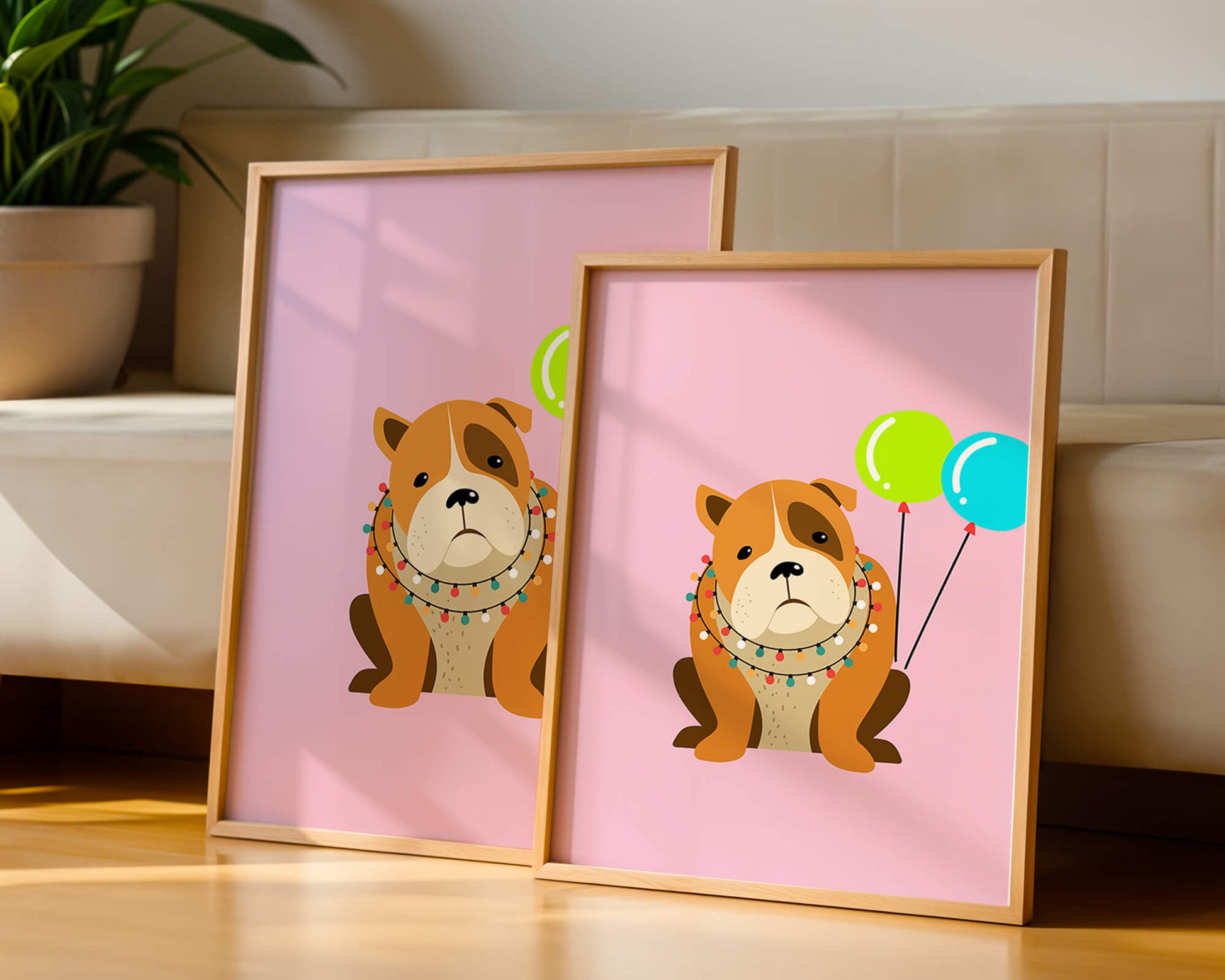 Perro de dibujos animados adorable con luces festivas y globos coloridos sobre fondo rosa