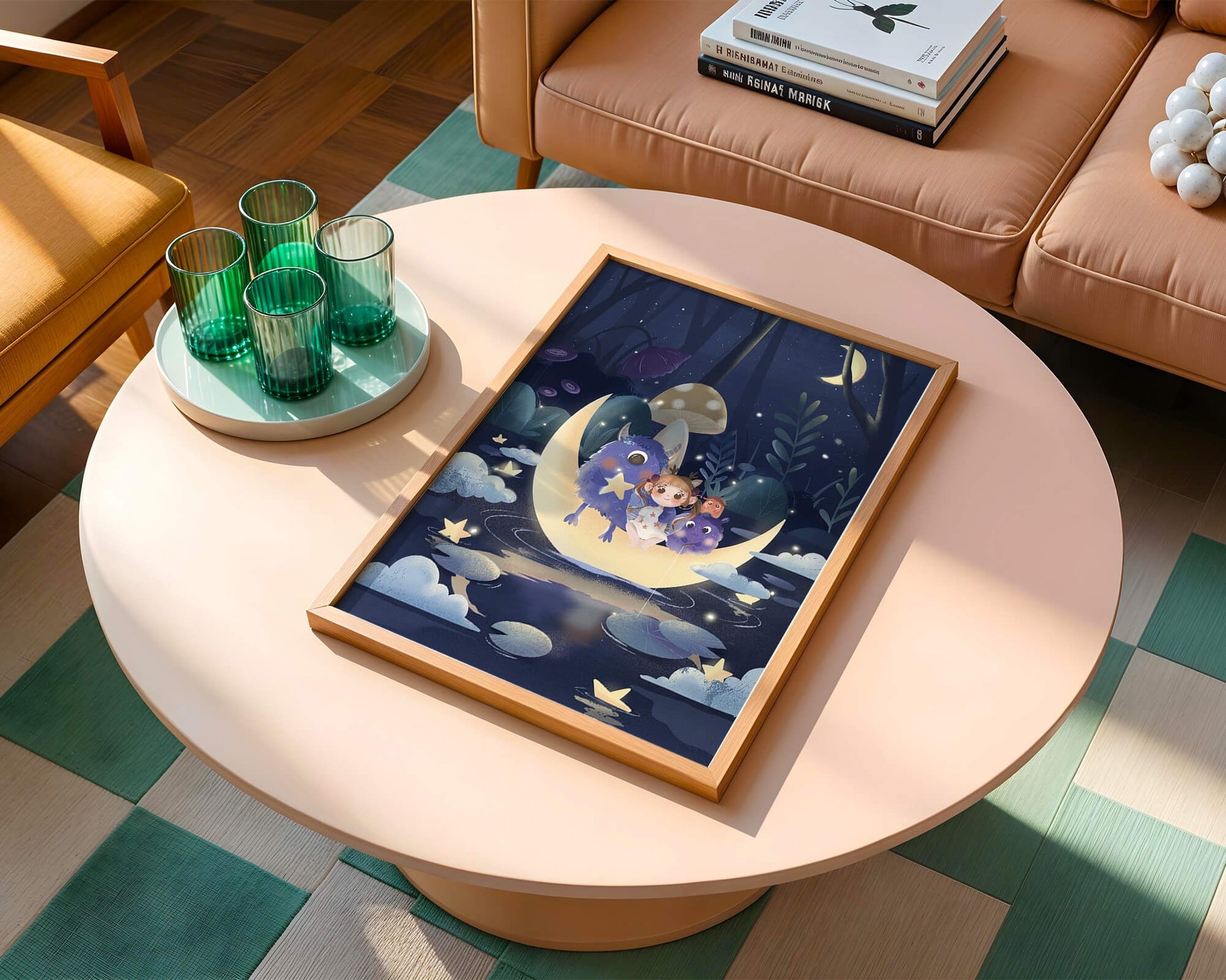 Dreamy night scene with a child and friendly monsters on a crescent moon