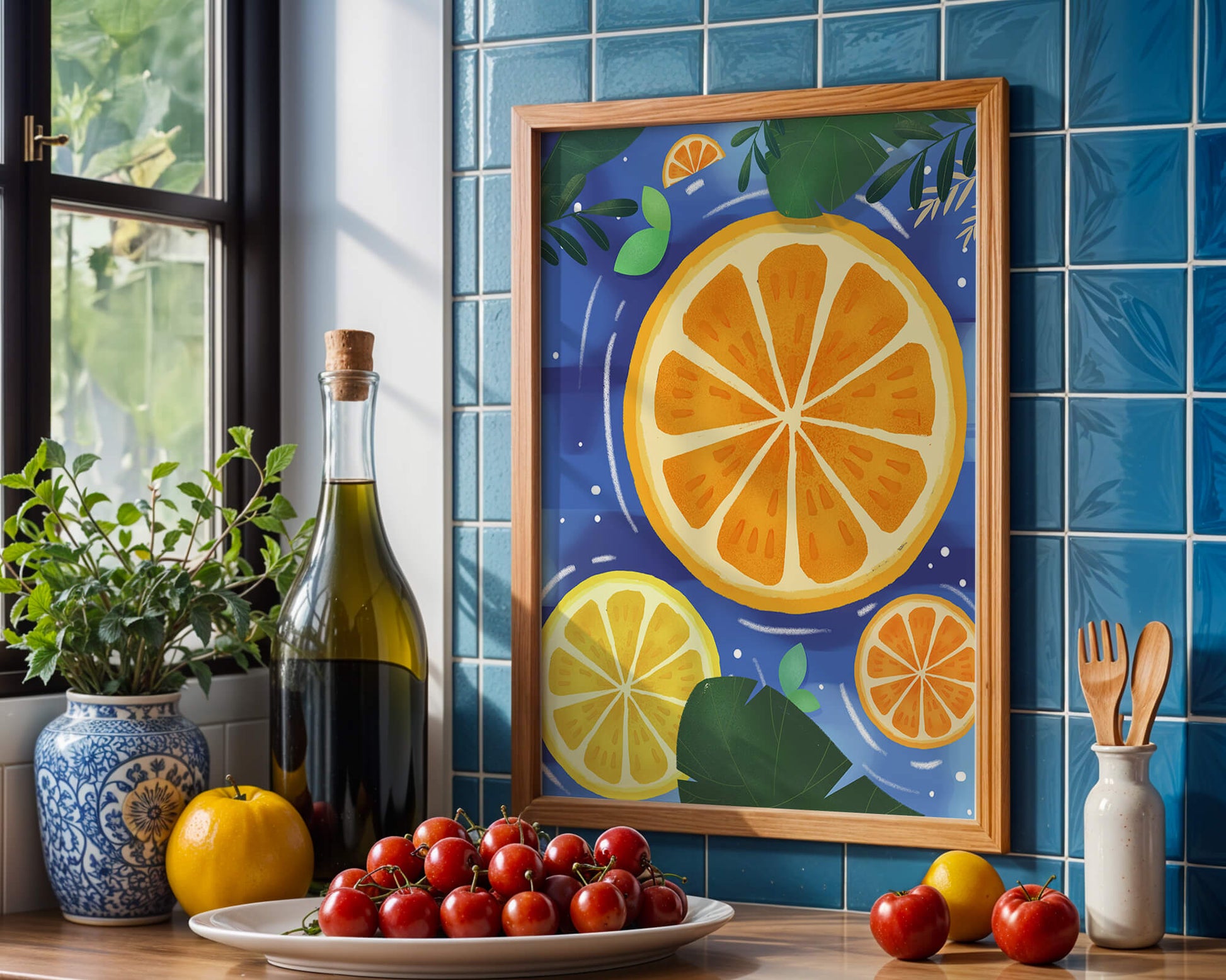 Rodajas de cítricos coloridas sobre fondo azul con hojas tropicales