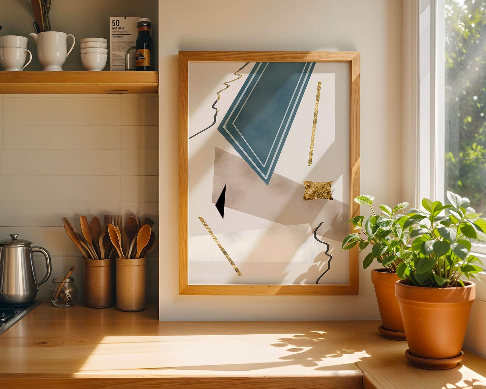 Abstract geometric artwork with gold accents and dynamic shapes