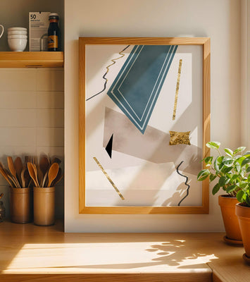 Abstract geometric artwork with gold accents and dynamic shapes