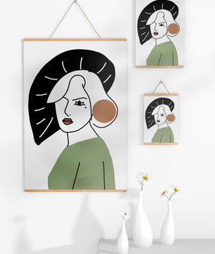 Minimalist Abstract Portrait Featuring Woman with Black Hat and Green Outfit - Mi tienda