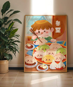 Festive cartoon illustration of a child enjoying dumplings during winter solstice