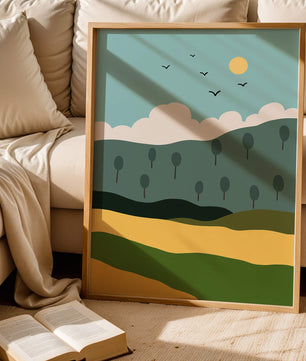 Minimalist Landscape with Hills and Sun