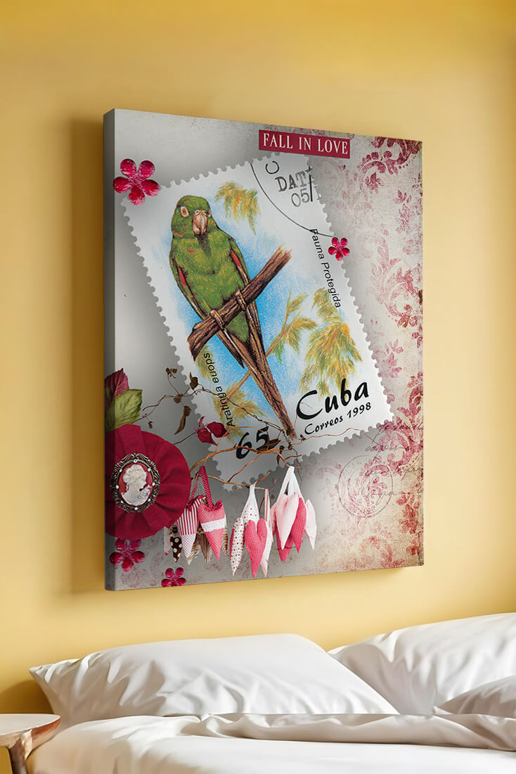 Vintage Cuban parrot stamp with romantic decorations