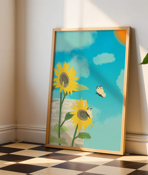 Sunflowers And Butterflies Under A Bright Blue Sky