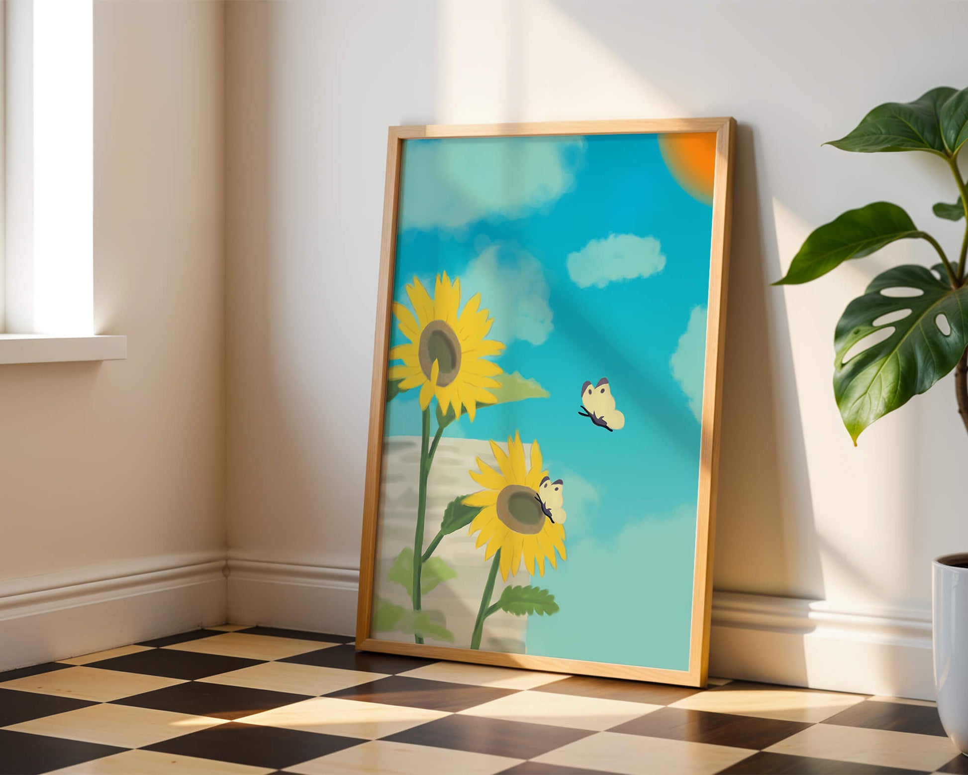 Sunflowers And Butterflies Under A Bright Blue Sky