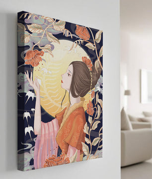 Illustration élégante d'une femme avec des éléments floraux sous la lumière de la lune