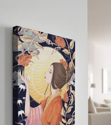 Elegant illustration of a woman with floral elements under the moonlight