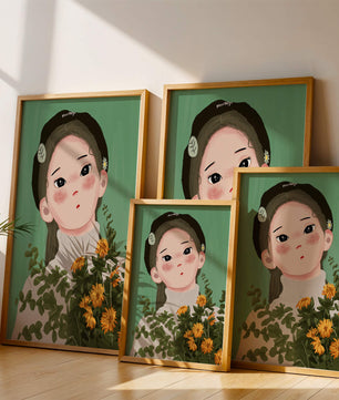 Illustration of a girl with flowers and a beret on a green background
