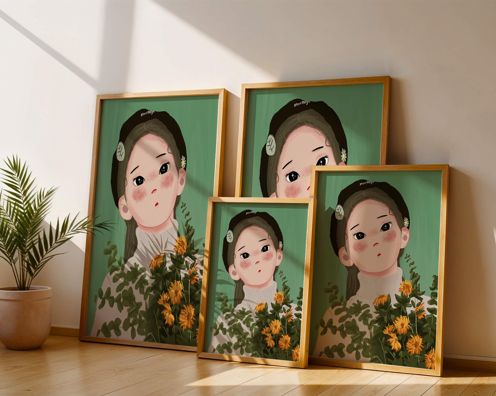 Illustration of a girl with flowers and a beret on a green background