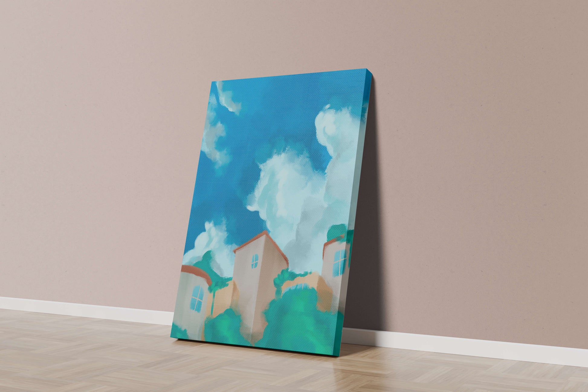 Serene landscape with houses and fluffy clouds against a blue sky