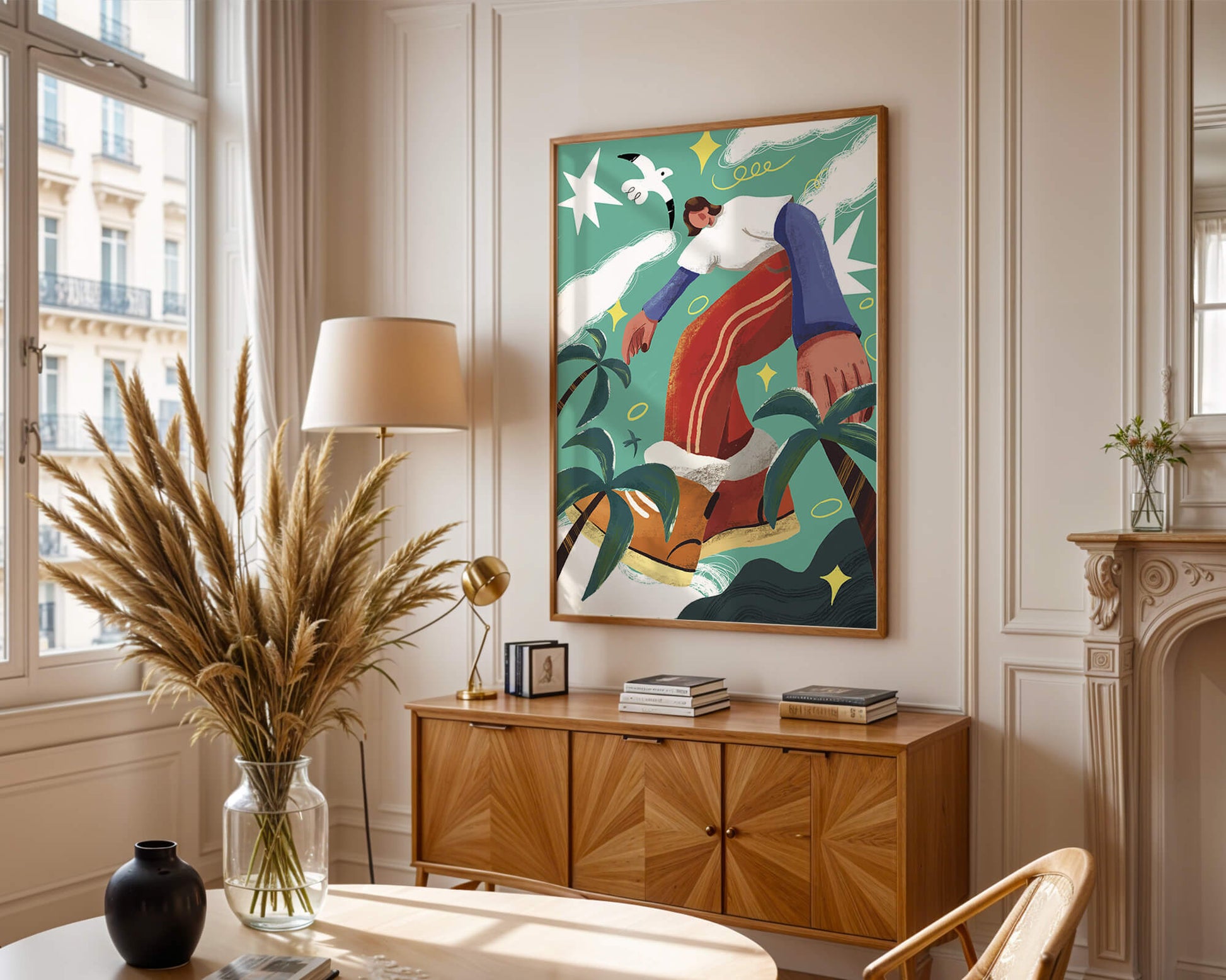 Colorful Abstract Surreal Landscape with Giant Figure and Nature Elements