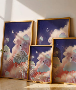 Dreamy Scene with Floating Jellyfish and Moonlit Sky
