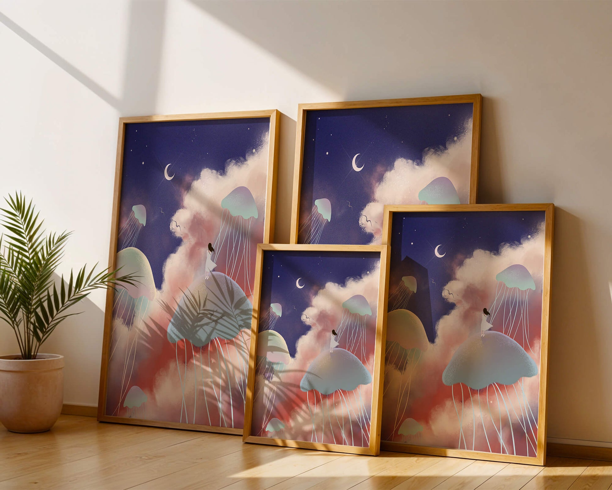 Dreamy Scene with Floating Jellyfish and Moonlit Sky