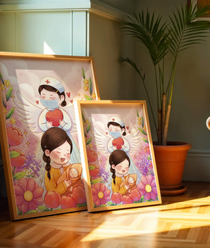 Escena ilustrada de un ángel de la salud con un niño y flores