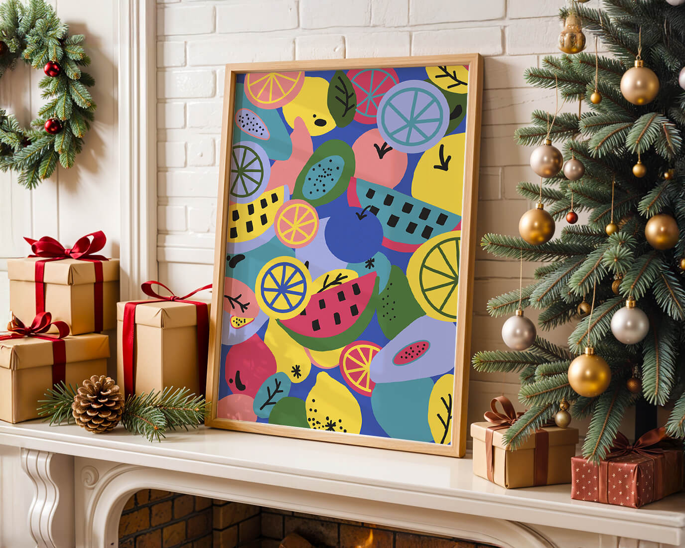 Patrón abstracto de frutas vibrantes con cítricos y melones sobre fondo azul