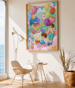 Colorful clown-themed children's party with balloons and toys