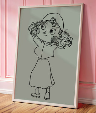 Hand-Drawn Illustration of a Thoughtful Cartoon Character with Curly Hair and a Beanie