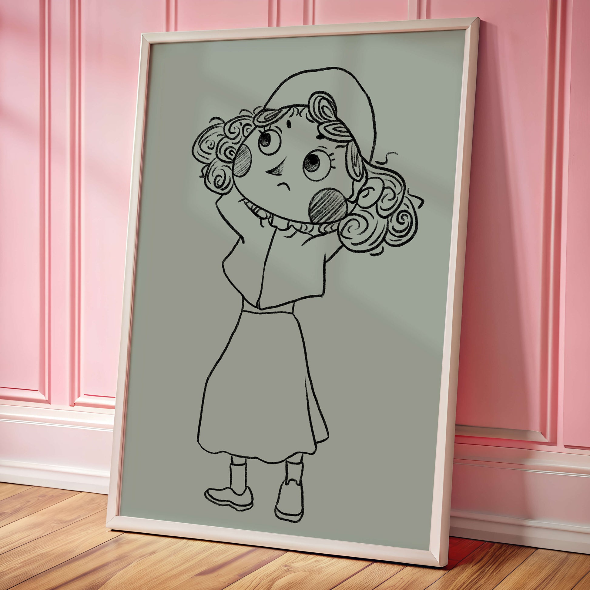 Ilustración a mano de un personaje de dibujos animados pensativo con cabello rizado y gorro