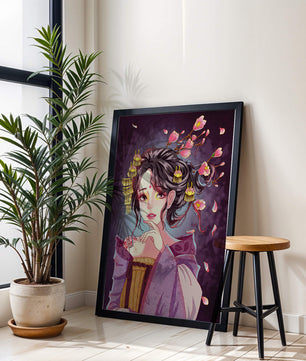 Retrato de anime elegante con acentos florales y dorados