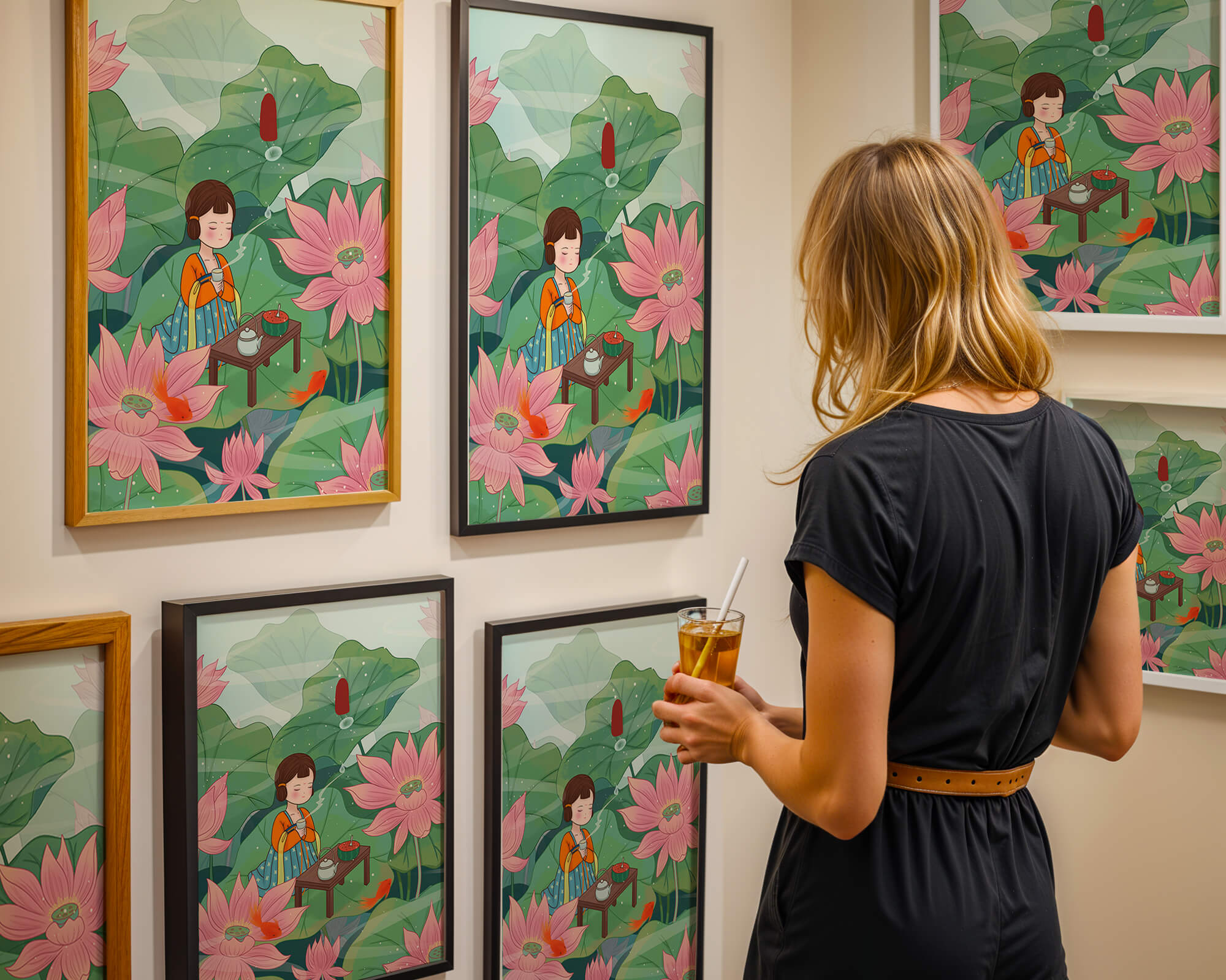 Serene illustration of a girl enjoying tea among lotus flowers