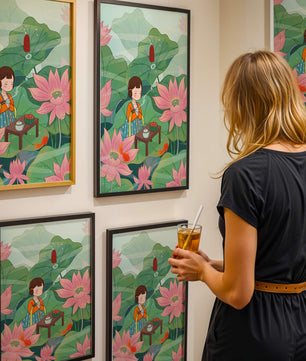 Serene illustration of a girl enjoying tea among lotus flowers