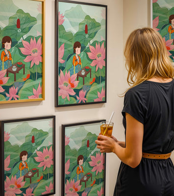 Serene illustration of a girl enjoying tea among lotus flowers
